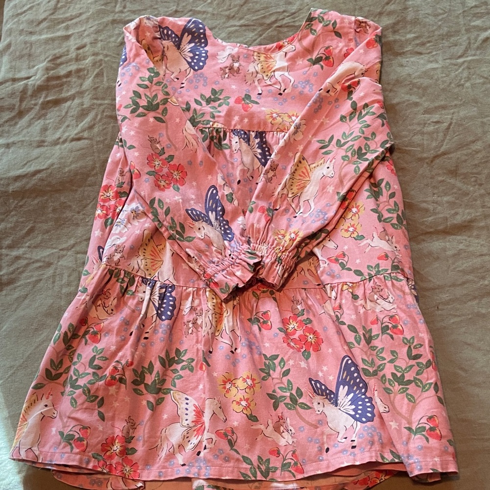 Girls MINI BODEN Pink Floral and Flying unicorn Dress